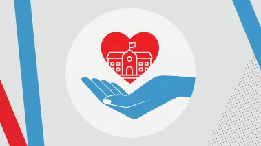 Illustration of a hand holding a heart with the imprint of a college building on it.